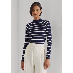 Ralph Lauren LRL Striped Mock Neck Top Sweater Long Sleeve Preppy Coastal Chic